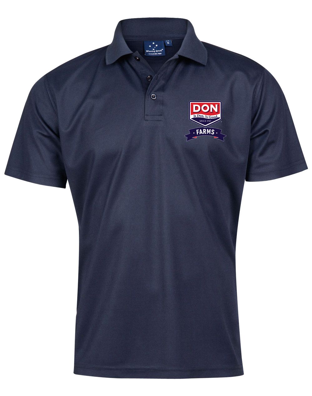 Navy corporate polo with full-colour DON Farms logo